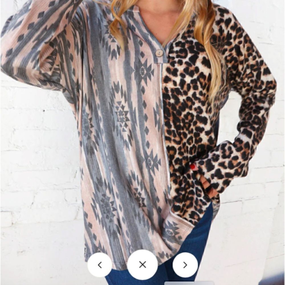 Aztec Leopard Print Color Block Rib Placket Button Front Tunic Top Buttery Soft - Picture 3 of 12